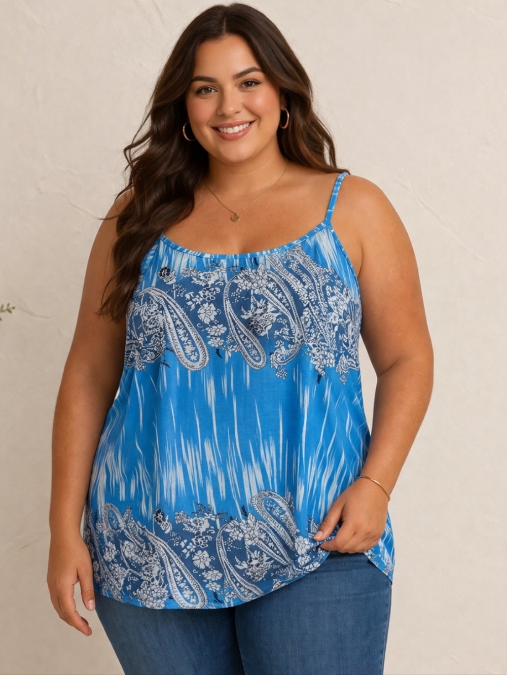 New Tropical Blue Paisley Boho Camisole Top -Spaghetti Strap-Plus Size 4X